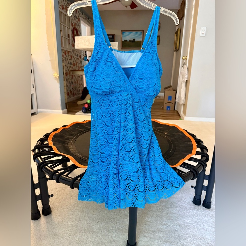 Swim Solutions Bright Teal Crochet Lace Chemise Swim Dress-sz 14-fits up a D cup